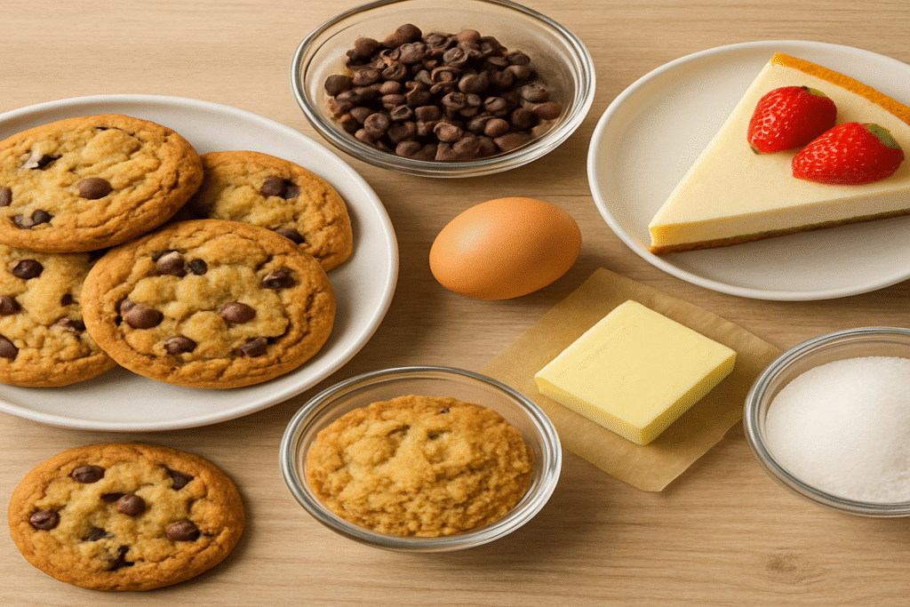 Chocolate chip cookies, a slice of strawberry cheesecake, and baking ingredients such as butter, sugar, chocolate chips, and an egg arranged on a wooden surface.