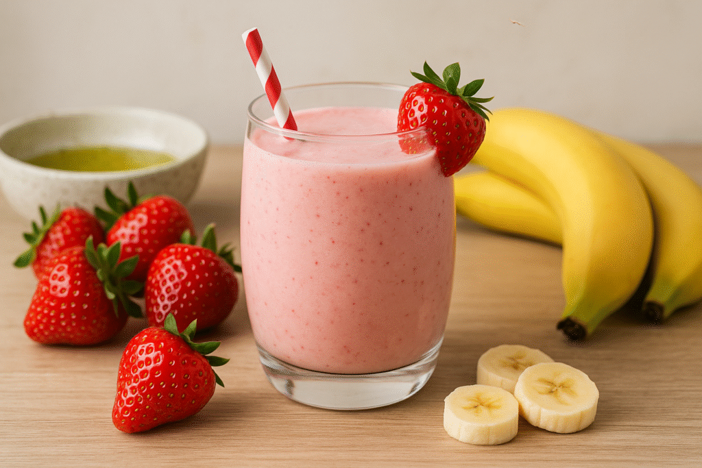 Pink strawberry banana smoothie in a glass with strawberries and bananas around it on a light wooden table.