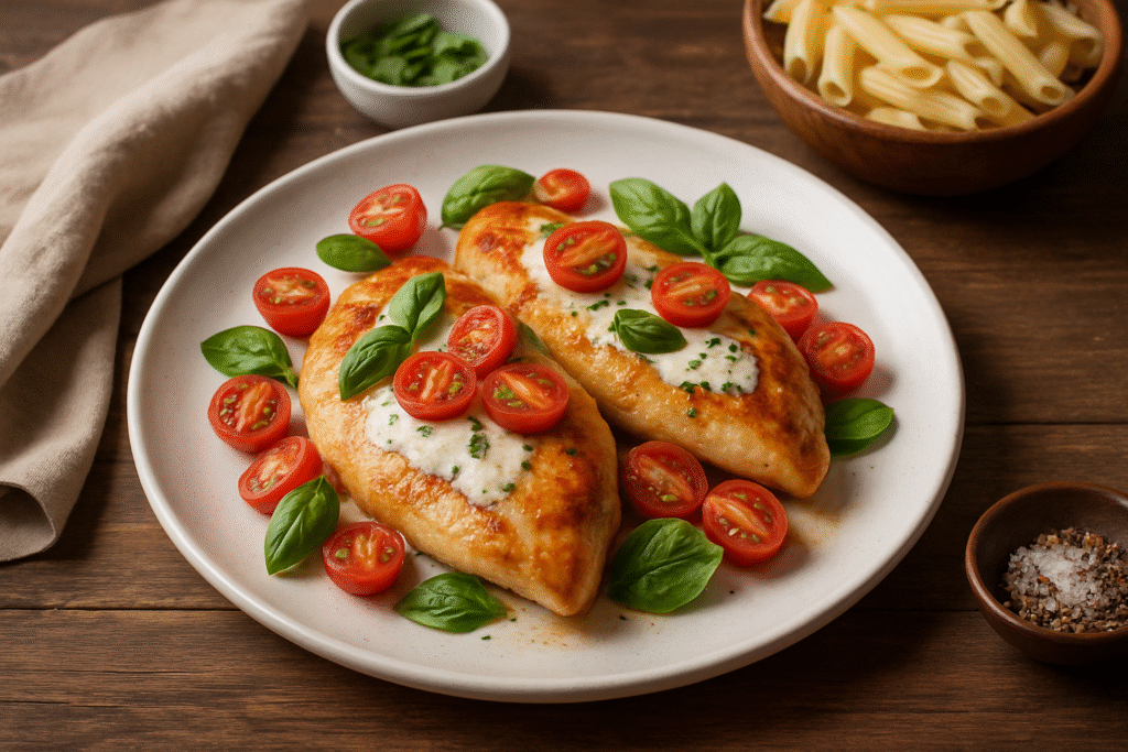 Plate of cooked chicken breasts with cherry tomatoes and basil on a rustic wooden table, served with pasta in the background.
