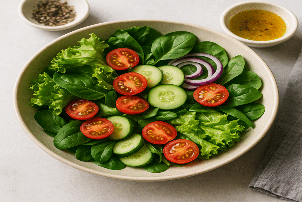 Fresh green salad with lettuce, spinach, cherry tomatoes, cucumbers, and red onion rings in a bowl, with dressing on the side.